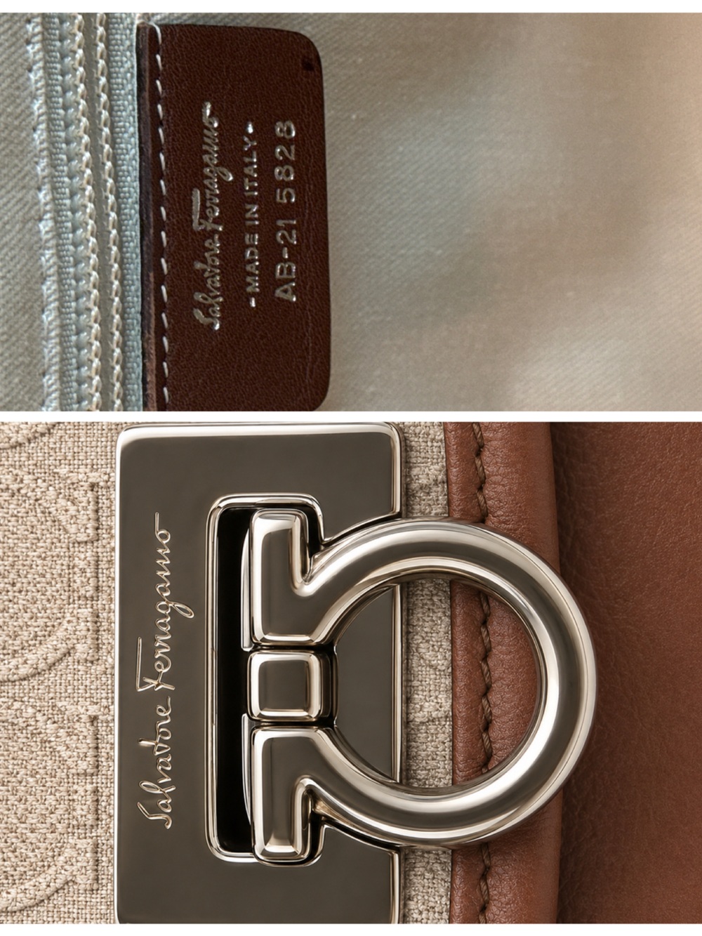 Salvatore Ferragamo Gancini Canvas & Leather Satchel Handbag Beige Brown Italy - Picture 8 of 15